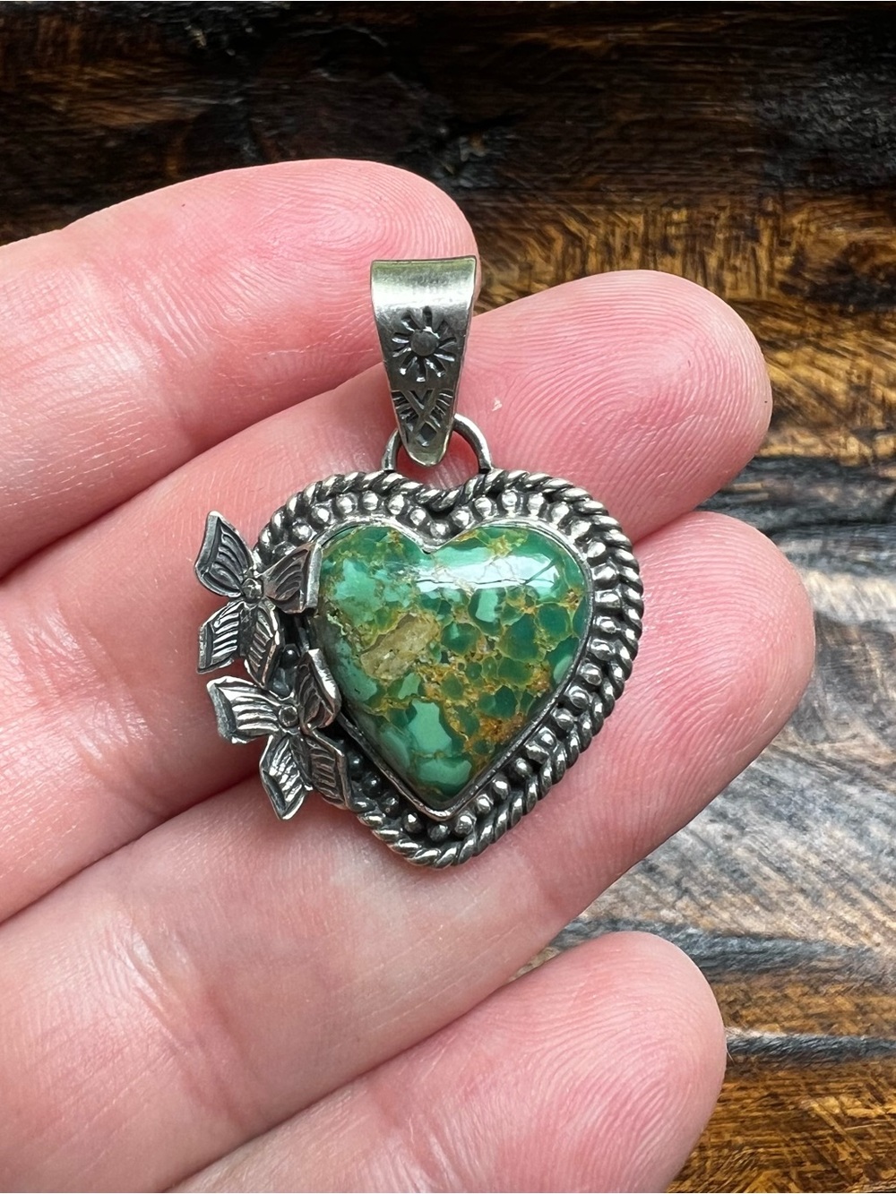 Sterling Silver Green Kingman Turquoise Heart Pendant | Southwestern - Picture 6 of 12